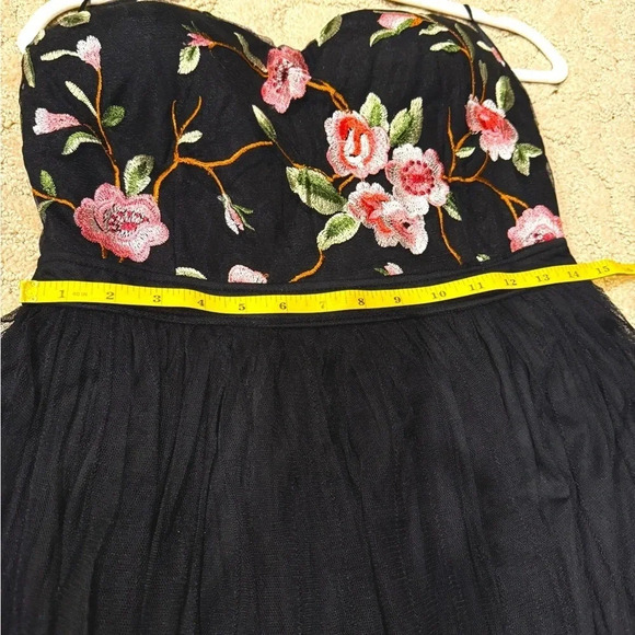 Black Floral Chiffon Maxi Dress | Strapless Sweetheart Slit Evening Gown - Picture 8 of 9